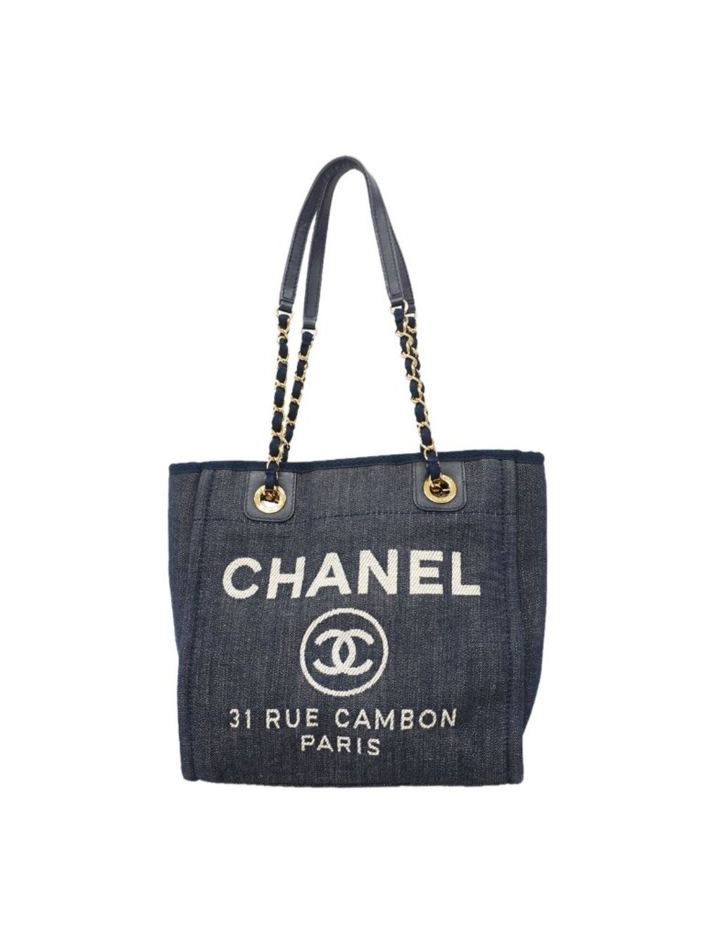 Chanel Chain Tote Bag Deauville Denim Navy Gold